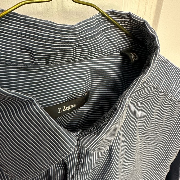 Zegna Mens 39 15.5 navy striped dress shirt - Picture 2 of 4